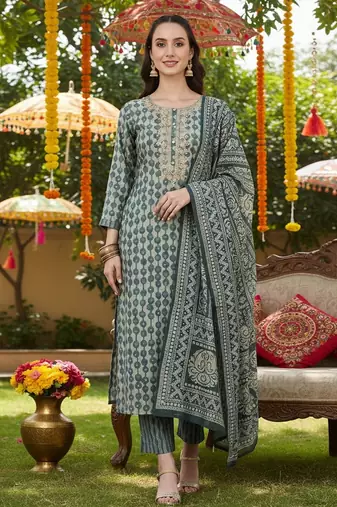 green color embroidered silk blend styles kurta trouser with dupatta