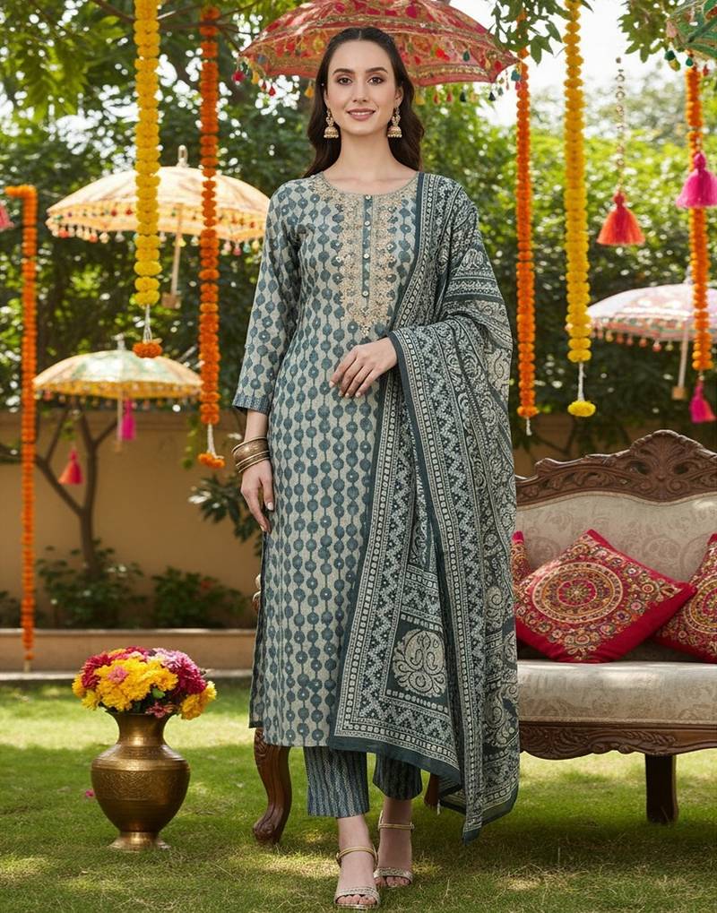 green color embroidered silk blend styles kurta trouser with dupatta
