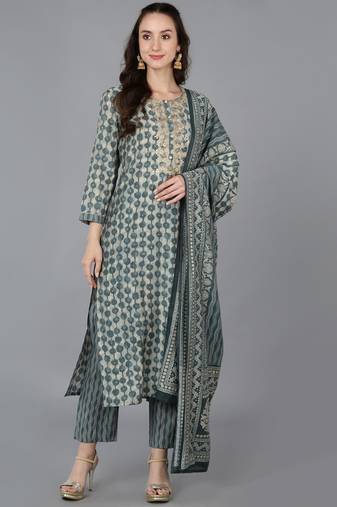 green color embroidered silk blend styles kurta trouser with dupatta