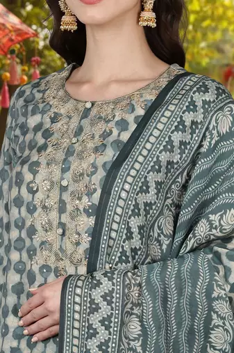 green color embroidered silk blend styles kurta trouser with dupatta