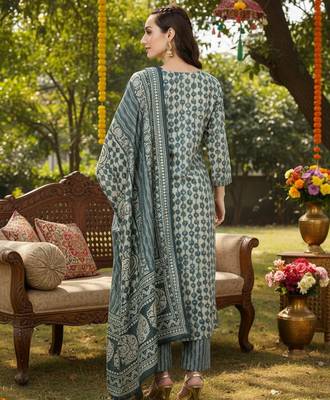 green color embroidered silk blend styles kurta trouser with dupatta 4