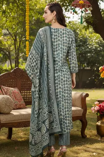 green color embroidered silk blend styles kurta trouser with dupatta