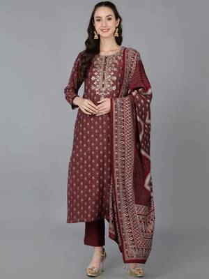 maroon color embroidered silk blend styles kurta trouser with dupatta 1
