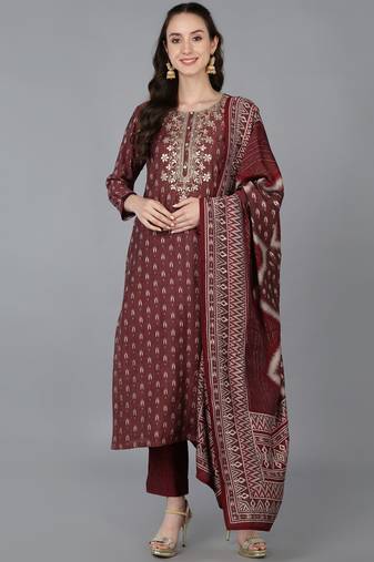 maroon color embroidered silk blend styles kurta trouser with dupatta