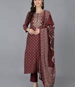 maroon color embroidered silk blend styles kurta trouser with dupatta
