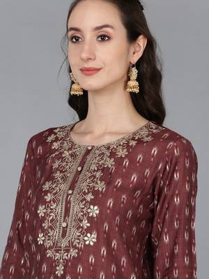 maroon color embroidered silk blend styles kurta trouser with dupatta 2