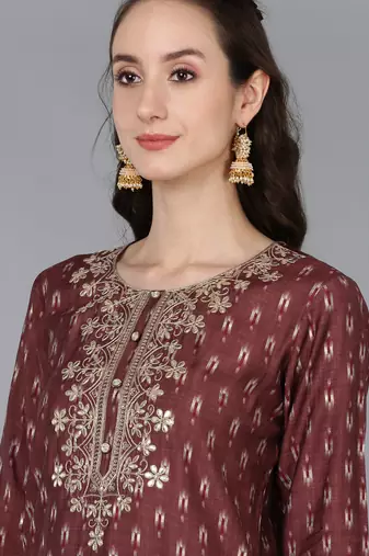 maroon color embroidered silk blend styles kurta trouser with dupatta