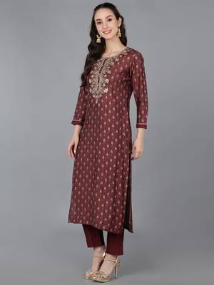 maroon color embroidered silk blend styles kurta trouser with dupatta 3