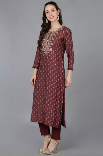 maroon color embroidered silk blend styles kurta trouser with dupatta