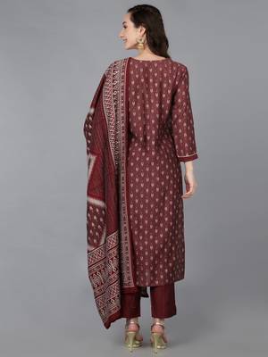 maroon color embroidered silk blend styles kurta trouser with dupatta 4