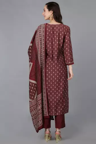 maroon color embroidered silk blend styles kurta trouser with dupatta