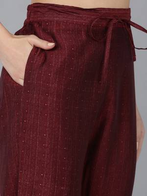 maroon color embroidered silk blend styles kurta trouser with dupatta 5