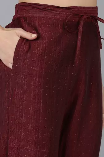 maroon color embroidered silk blend styles kurta trouser with dupatta