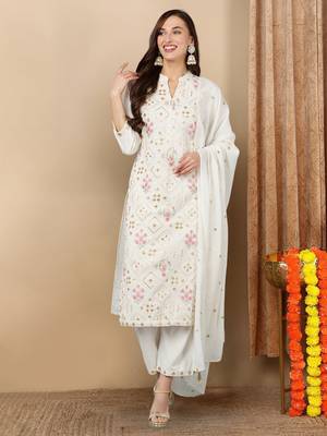 white color embroidered pure cotton styles kurta trouser with dupatta 1