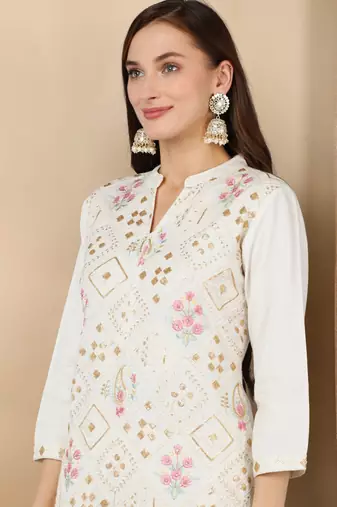 white color embroidered pure cotton styles kurta trouser with dupatta