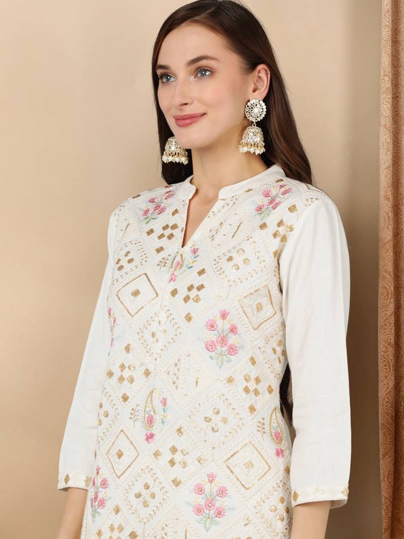 white color embroidered pure cotton styles kurta trouser with dupatta