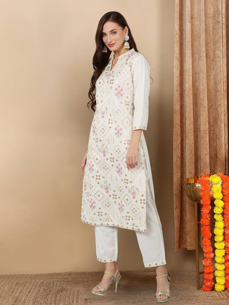white color embroidered pure cotton styles kurta trouser with dupatta