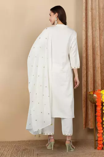 white color embroidered pure cotton styles kurta trouser with dupatta