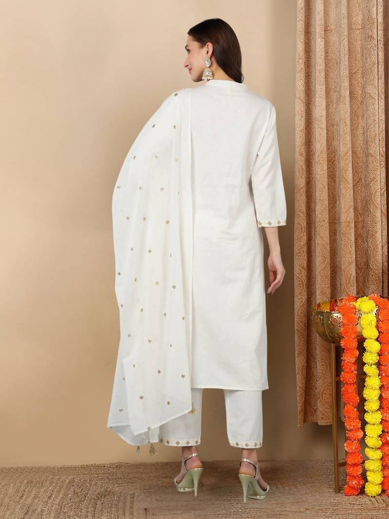 white color embroidered pure cotton styles kurta trouser with dupatta