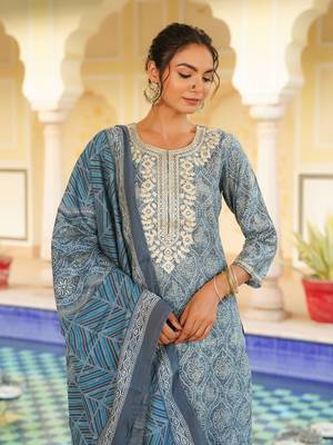 grey color embroidered silk blend styles kurta trouser with dupatta 1