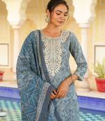 grey color embroidered silk blend styles kurta trouser with dupatta