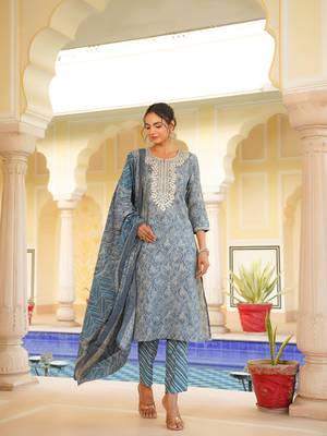 grey color embroidered silk blend styles kurta trouser with dupatta 2