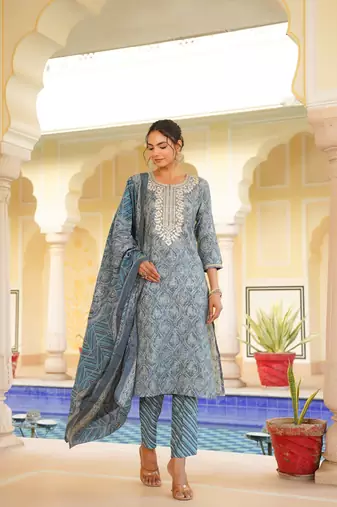 grey color embroidered silk blend styles kurta trouser with dupatta