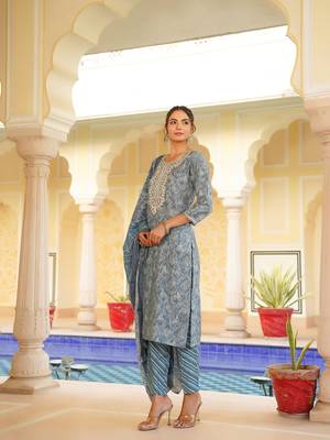 grey color embroidered silk blend styles kurta trouser with dupatta 3