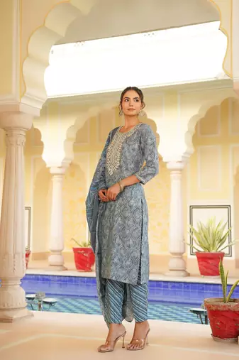 grey color embroidered silk blend styles kurta trouser with dupatta
