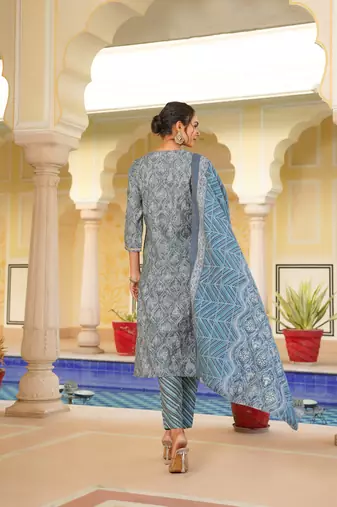 grey color embroidered silk blend styles kurta trouser with dupatta