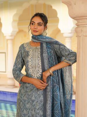 grey color embroidered silk blend styles kurta trouser with dupatta 5