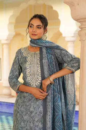 grey color embroidered silk blend styles kurta trouser with dupatta