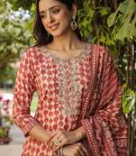 maroon color printed silk blend styles kurta trouser with dupatta