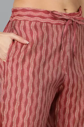 maroon color printed silk blend styles kurta trouser with dupatta