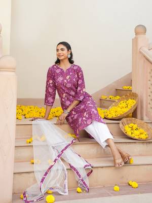 purple color printed rayon blend styles kurta trouser with dupatta 1
