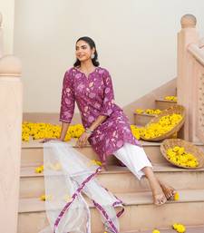 purple color printed rayon blend styles kurta trouser with dupatta