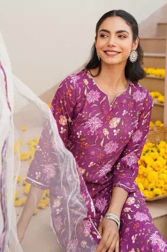 purple color printed rayon blend styles kurta trouser with dupatta