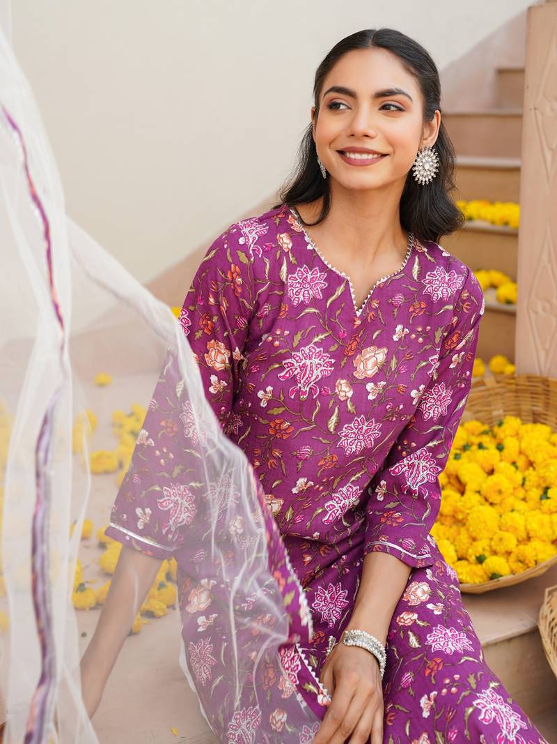 purple color printed rayon blend styles kurta trouser with dupatta