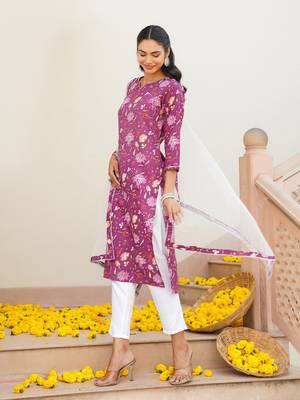 purple color printed rayon blend styles kurta trouser with dupatta 3