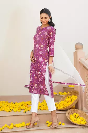 purple color printed rayon blend styles kurta trouser with dupatta