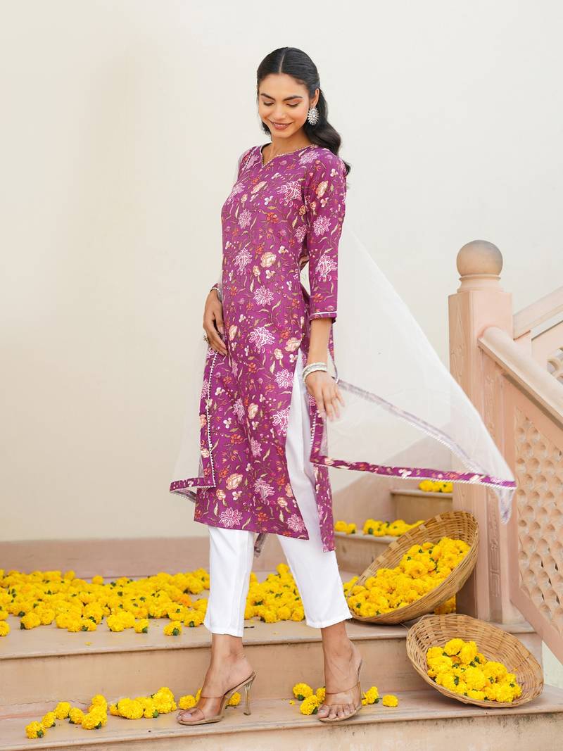 purple color printed rayon blend styles kurta trouser with dupatta