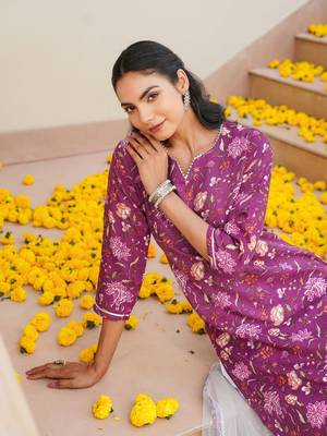 purple color printed rayon blend styles kurta trouser with dupatta 4