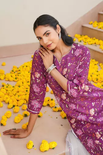 purple color printed rayon blend styles kurta trouser with dupatta