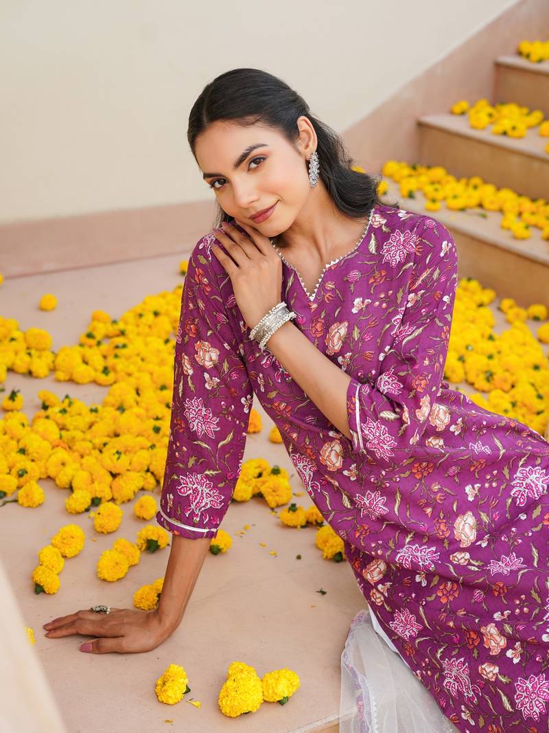 purple color printed rayon blend styles kurta trouser with dupatta