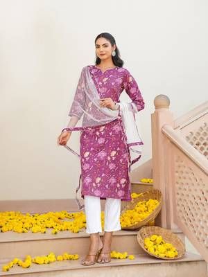 purple color printed rayon blend styles kurta trouser with dupatta 5