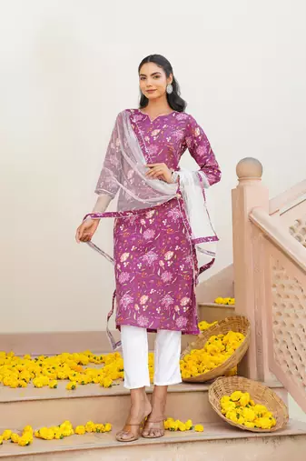 purple color printed rayon blend styles kurta trouser with dupatta