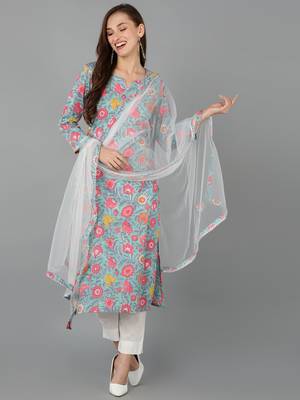 turquoise blue color printed rayon blend styles kurta trouser with dupatta 1