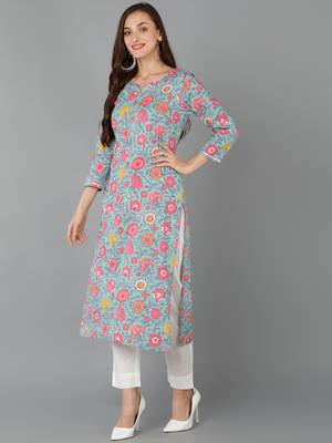 turquoise blue color printed rayon blend styles kurta trouser with dupatta 3