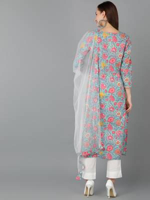 turquoise blue color printed rayon blend styles kurta trouser with dupatta 4