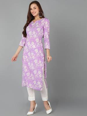 purple color printed rayon blend styles kurta trouser with dupatta 3